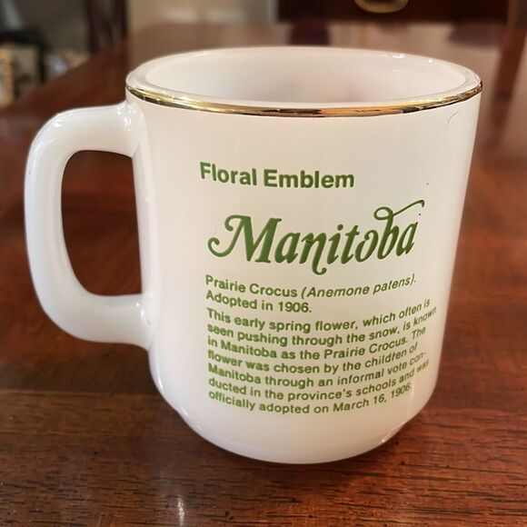 Vintage Manitoba Flower Prairie Crocus White Milk Glasbake Glass Mug Coffee Cup - Picture 3 of 6